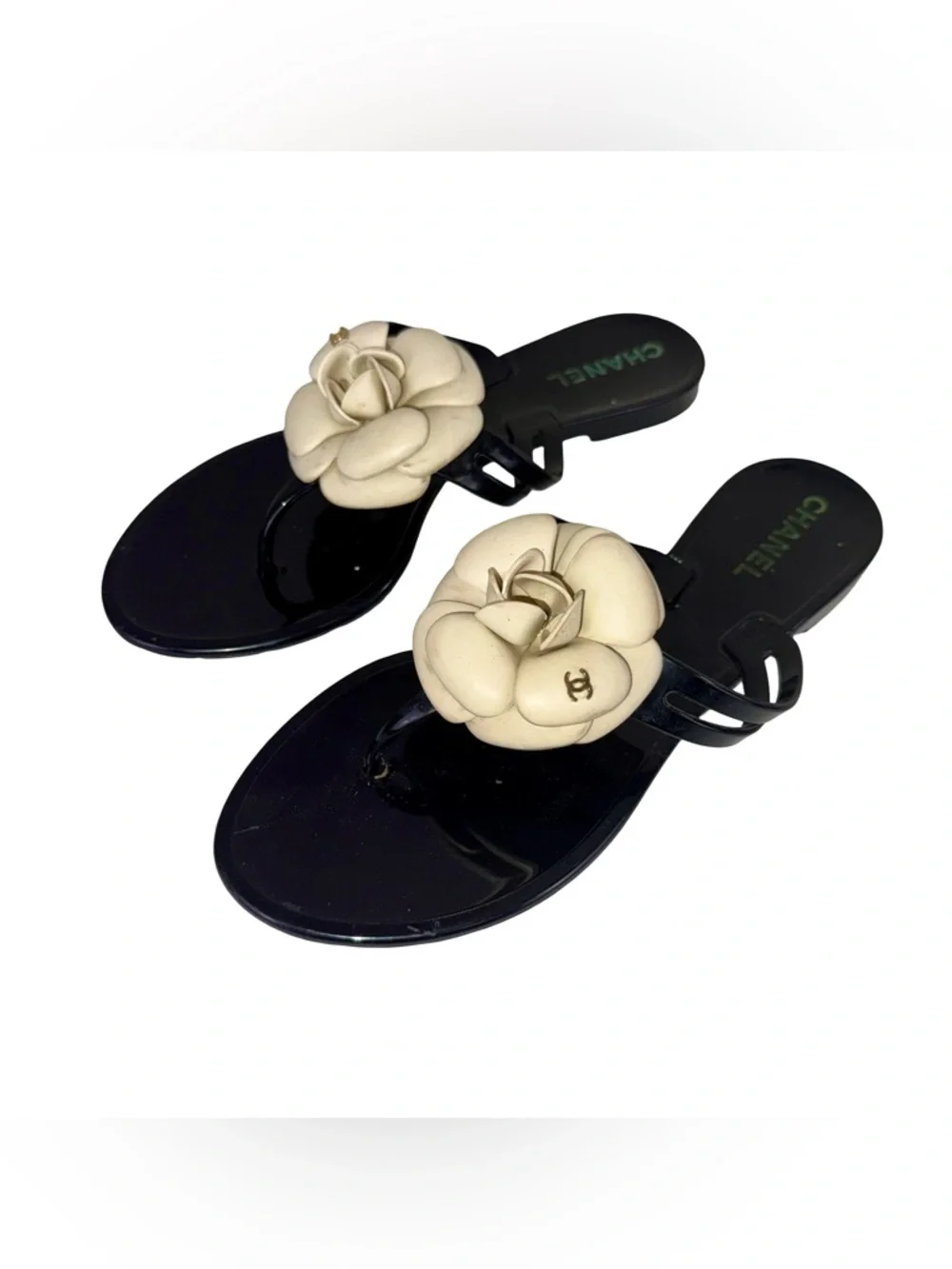 CHANEL CAMELIA JELLY  SANDALS IN BLACK AND CREAM - Picture 3 of 6